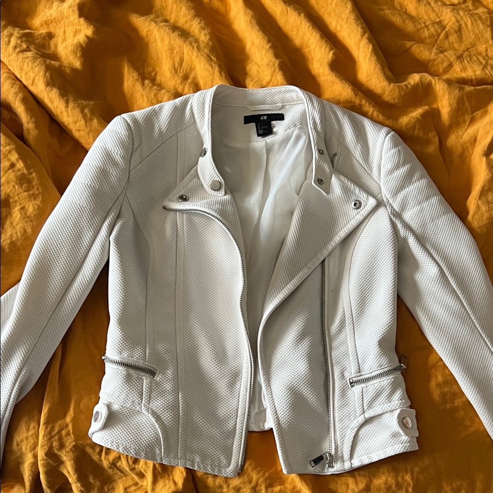 H&M White Textured Leather Jacket